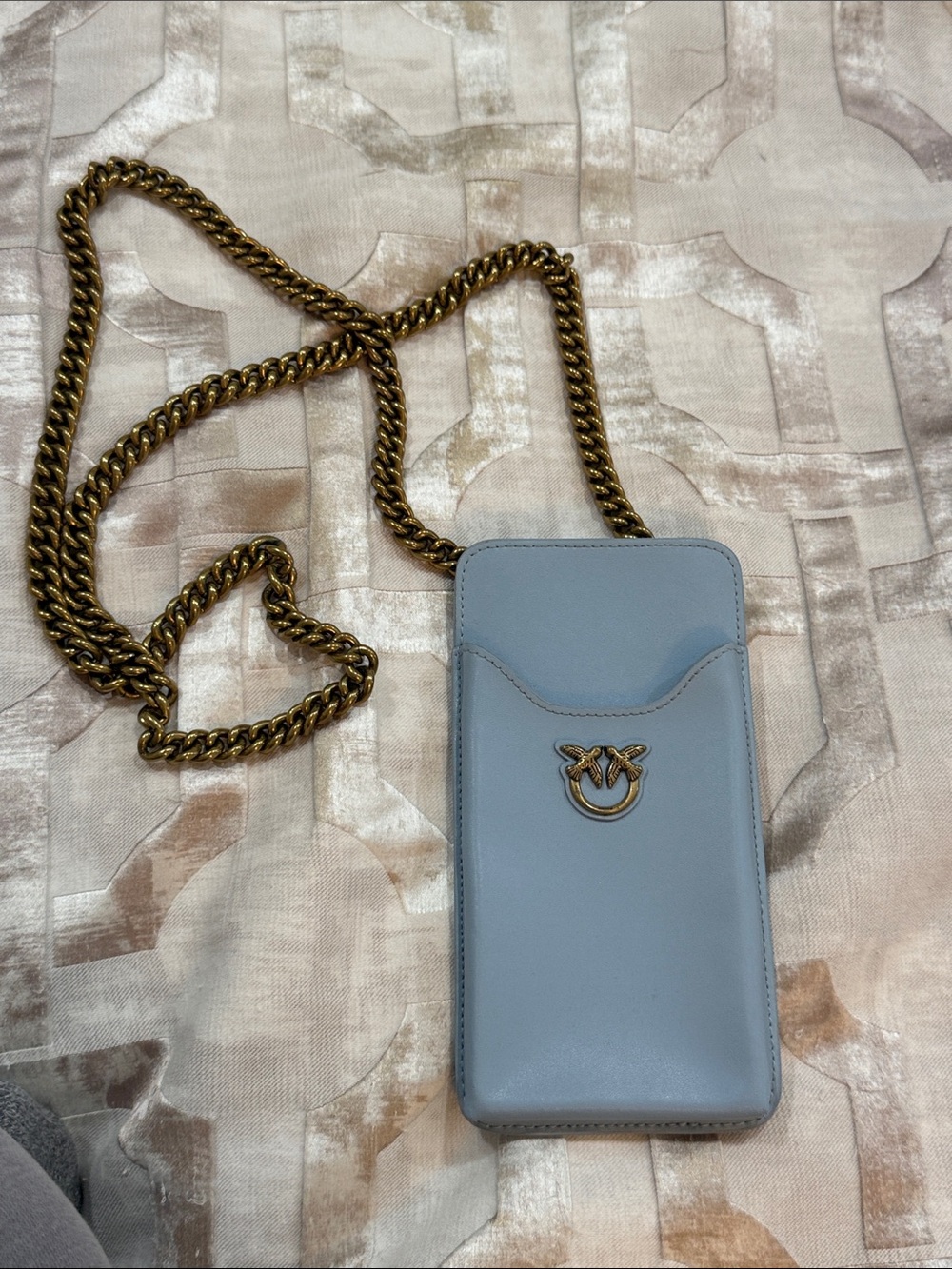 PINKO Light Blue Leather Crossbody Phone Bag with Gold Chain
